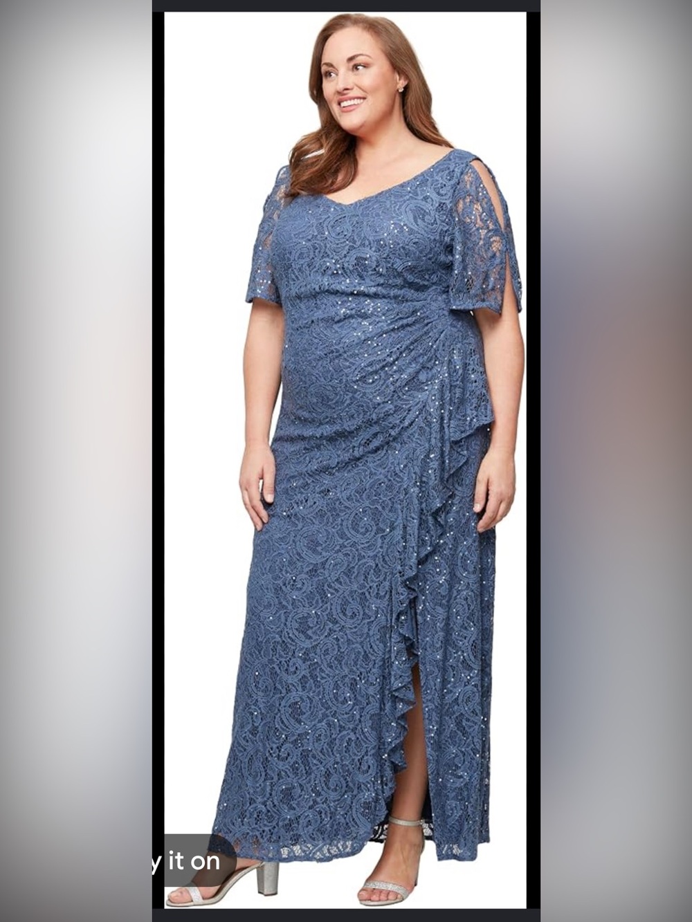 Alex Evenings Dusty Blue Lace Plus-Size Maxi Dress with Ruffle Slit